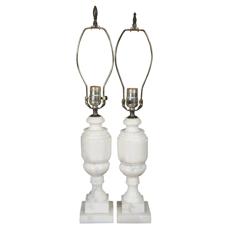 2 Antique Victorian Carved White Marble Alabaster Trophy Urn Table Lamps 24" | 1stDibs