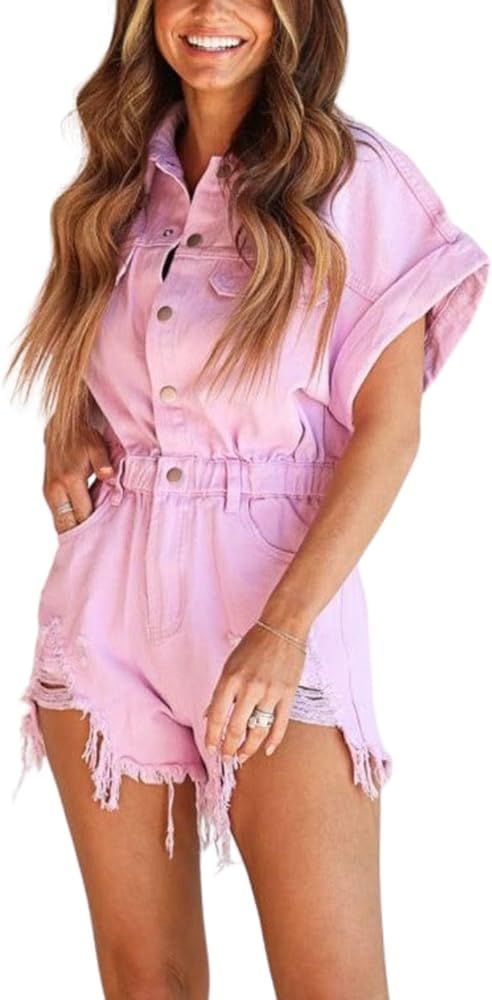 Women's Distressed Denim Romper Short Cuffed Sleeve Jean Jumpsuit Collared Ripped Frayed Shortall... | Amazon (US)