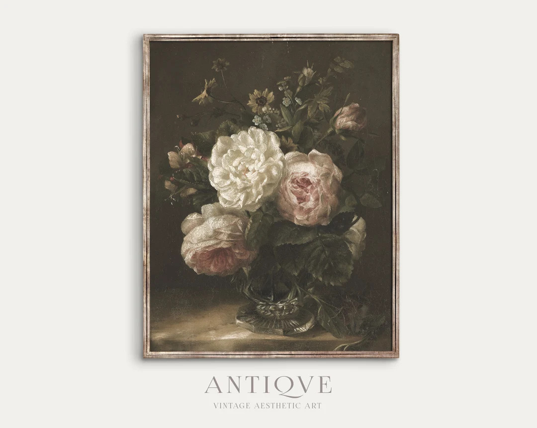 Moody Vintage Still Life | White and Pink Floral Oil Painting | Dark Academia Printable Wall Art ... | Etsy (US)