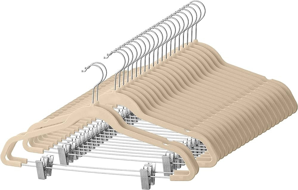 Zober Velvet Hangers with Clips - Pack of 20 Metal Clip Hangers for Pants - Notched Ivory Velvet ... | Amazon (US)