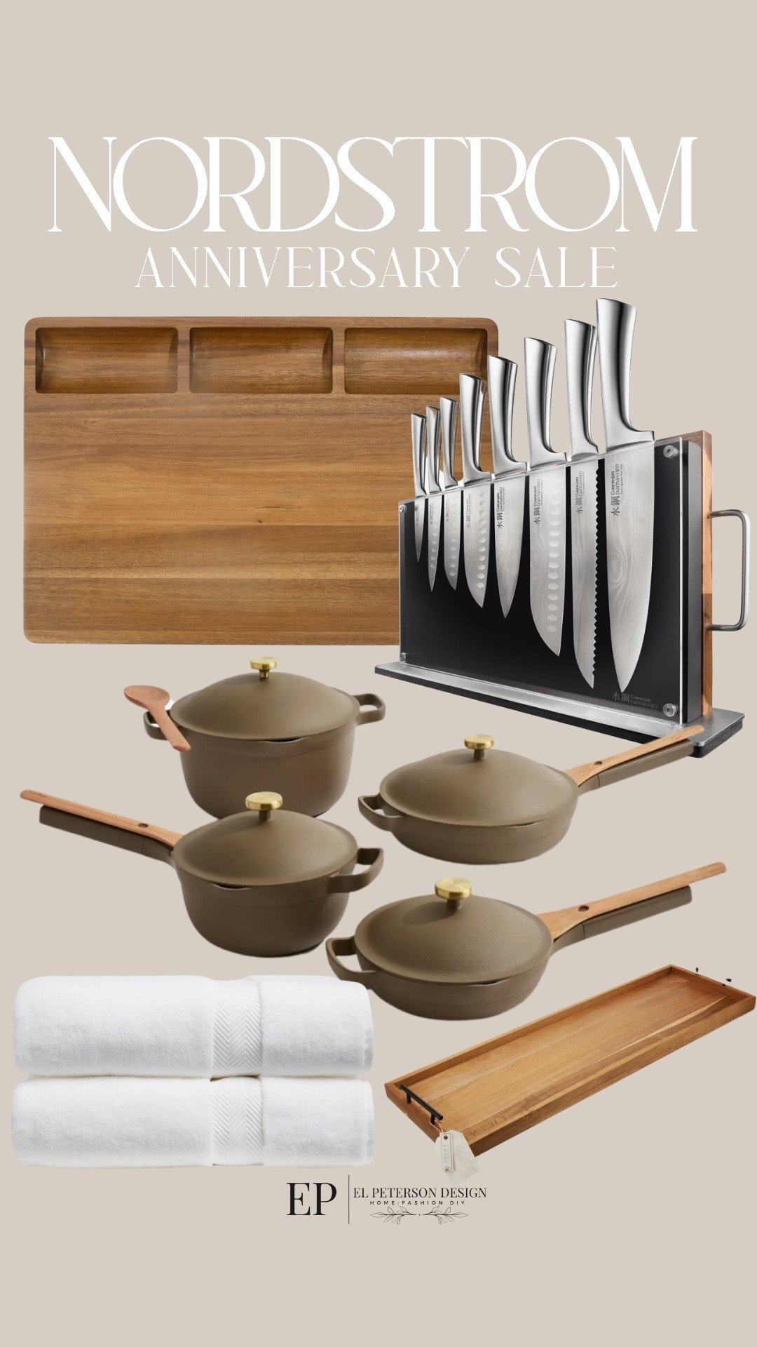 Nordstrom Anniversary Sale
Tray 
Towels
Knife set
Pots and pans 
Chopping board

#LTKSaleAlert