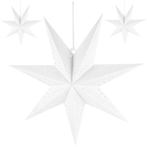 DOITOOL 3Pcs Paper Star Lanterns, 20 inch Large Paper Star Christmas Hanging Decorations Star Light, Hanging Lamp Shade for Wedding Birthday Christmas Party-White | Amazon (US)
