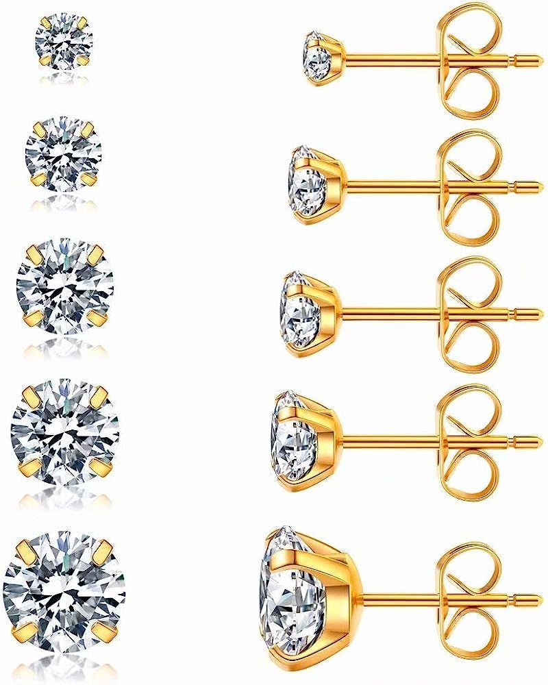 5 Pairs Stud Earrings Set, Hypoallergenic Cubic Zirconia 316L Earrings Stainless Steel CZ Earrings 3 | Amazon (US)