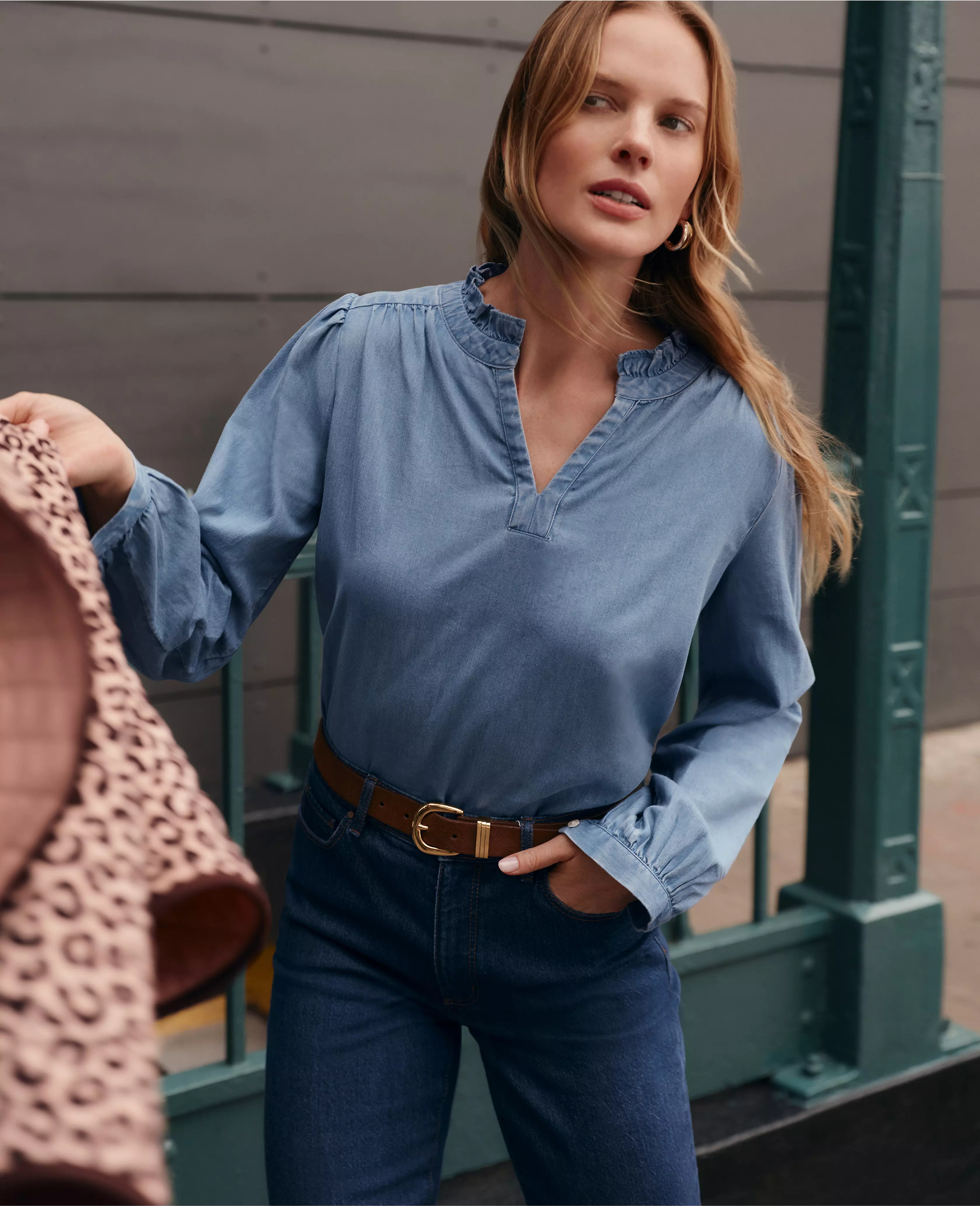 Weekend Collection Chambray Ruffle Collar Popover | Ann Taylor