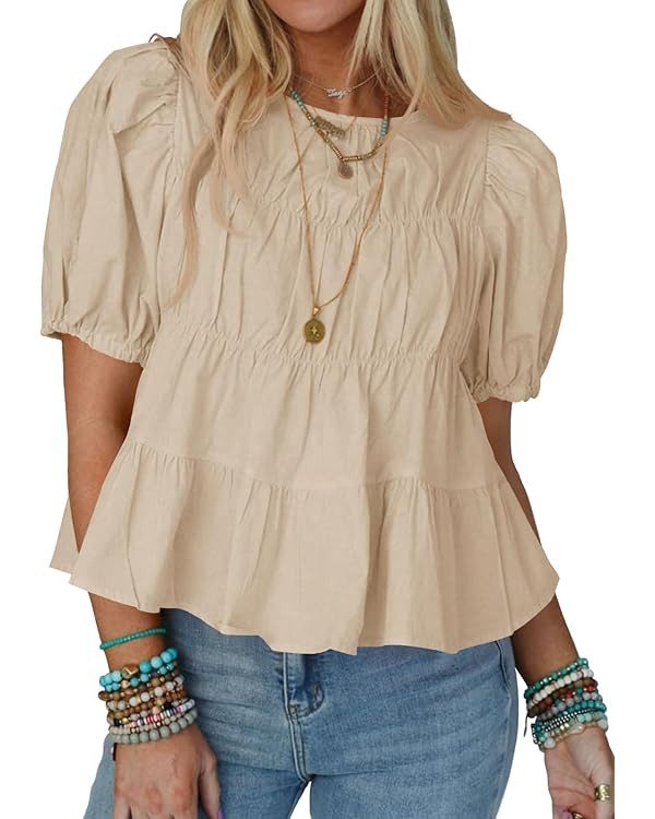 Tankaneo Womens Puff Sleeve Peplum Babydoll Tops Summer Smoked Pleated Cotton T-Shirts Casual Loo... | Amazon (US)