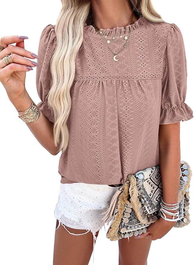 PRETTYGARDEN Women's 2024 Summer Tops Casual Crewneck Ruffle Short Sleeve Eyelet Babydoll Blouse ... | Amazon (US)