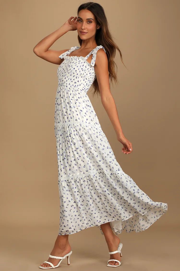 Blooming Perfection White Floral Print Tie-Strap Smocked Dress | Lulus (US)