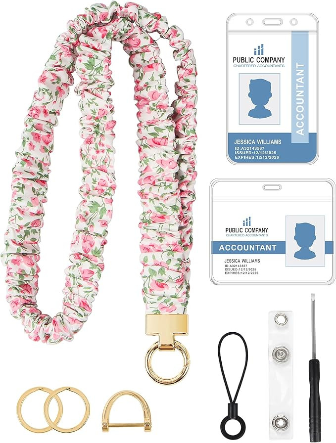 Scrunchie Lanyard for ID Badge Holder, Cute Teacher Lanyard for Women with 2 Card Clear Badge Hol... | Amazon (US)