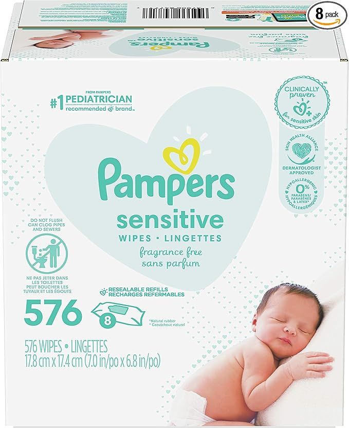 Baby Wipes, Pampers Sensitive Water Based Baby Diaper Wipes, Hypoallergenic and Unscented, 8 Refi... | Amazon (US)