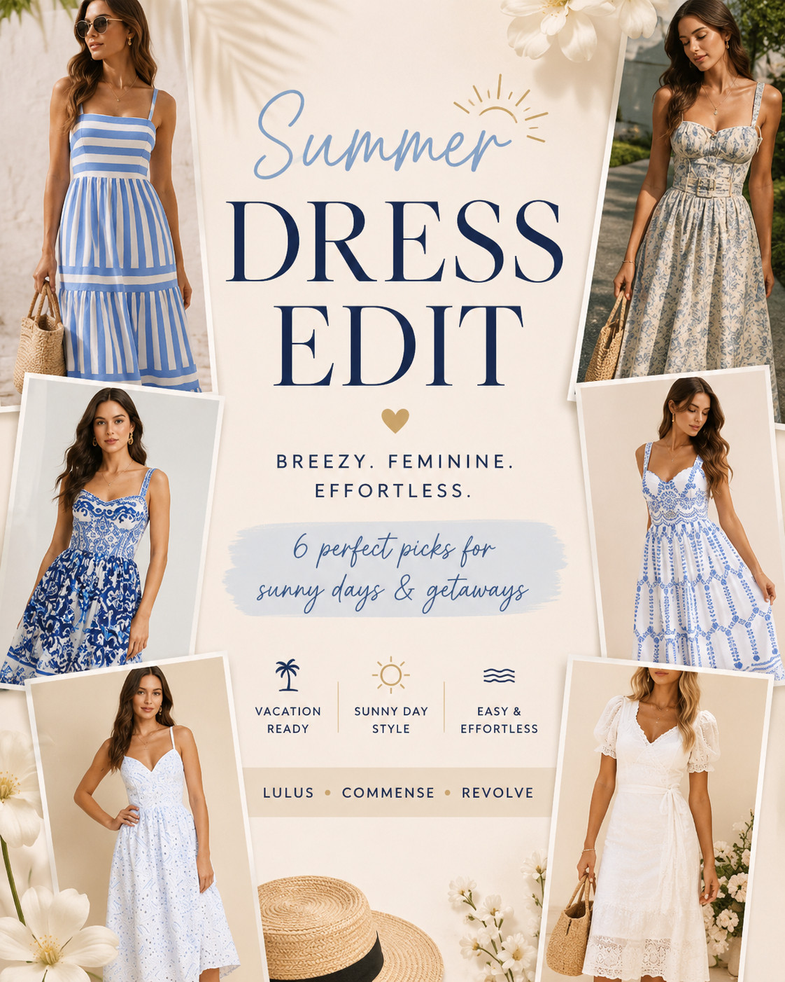 Six summer dresses, one effortless mood 🤍💙
From pretty prints to airy white classics, these Lulu’s, Commense, and Revolve finds are perfect for sunny days, vacations, brunch, and everything in between. Linked all my favorite summer dress picks in one place ✨ 

 #LTKgrwm #LTKSeasonal #LTKTravel