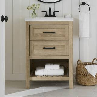Home Decorators Collection Autumn 24 in. Single Sink Weathered Tan Bath Vanity with White Enginee... | The Home Depot