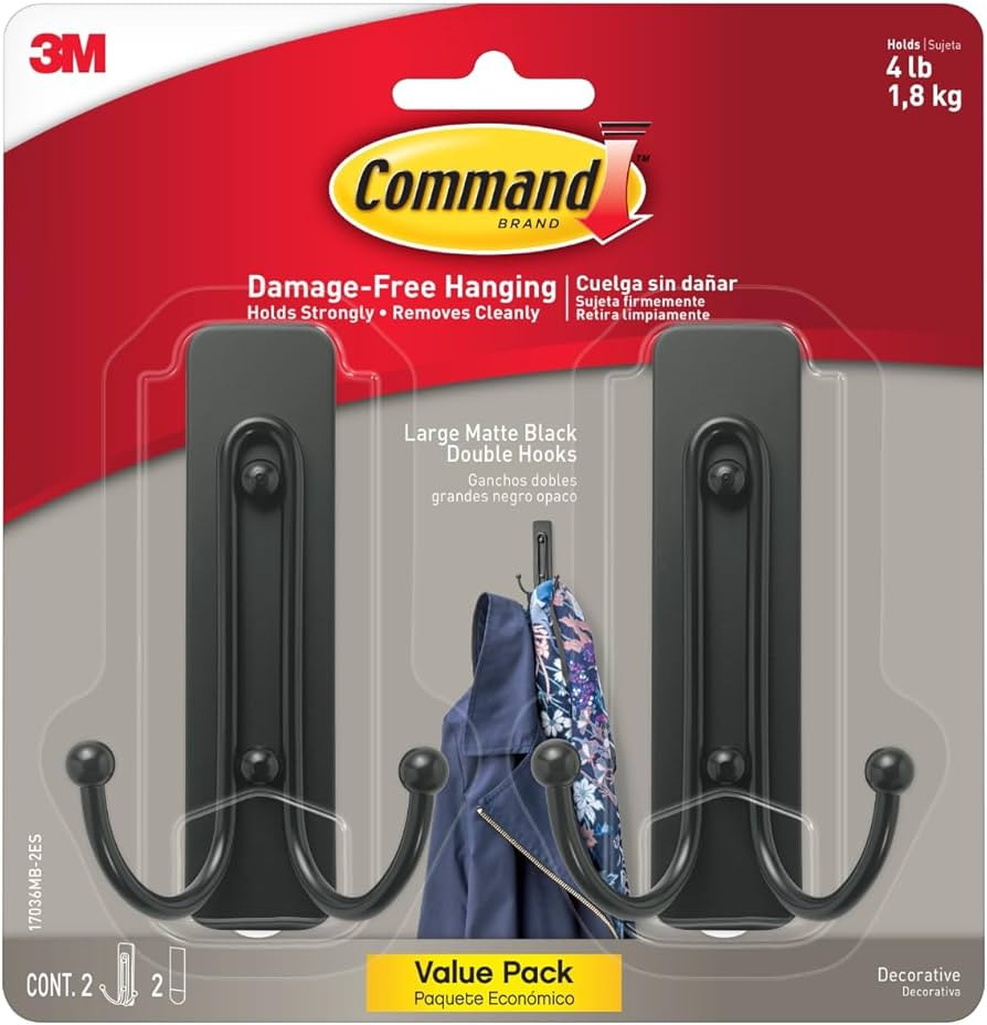Command Large Matte Black Double Hooks, 2 Hooks and 2 Command Strips, Damage Free Hanging Wall Ho... | Amazon (US)
