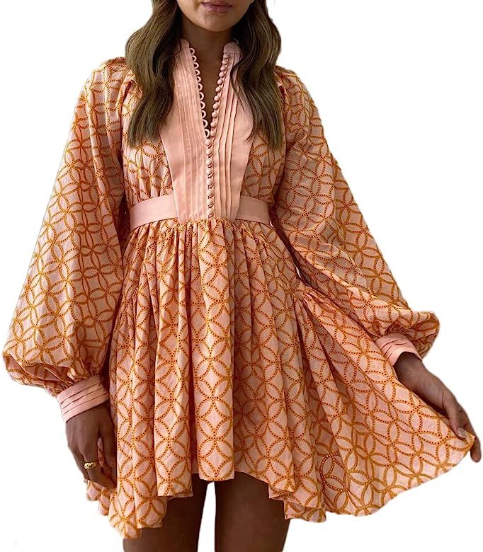 Aox Women Button Down Shift Swing Dress Ruffle Sleeve Tunic Midi Sundress Pockets Mini Skirt with Wa | Amazon (US)