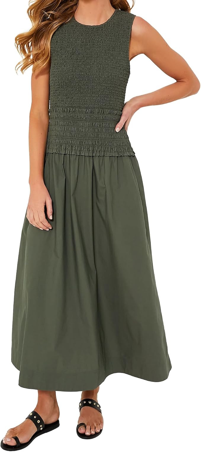 Womens 2024 Summer Army Green Sleeveless Maxi Dress Tiered Pleated Silhouette Skirt A-line Casual... | Amazon (US)