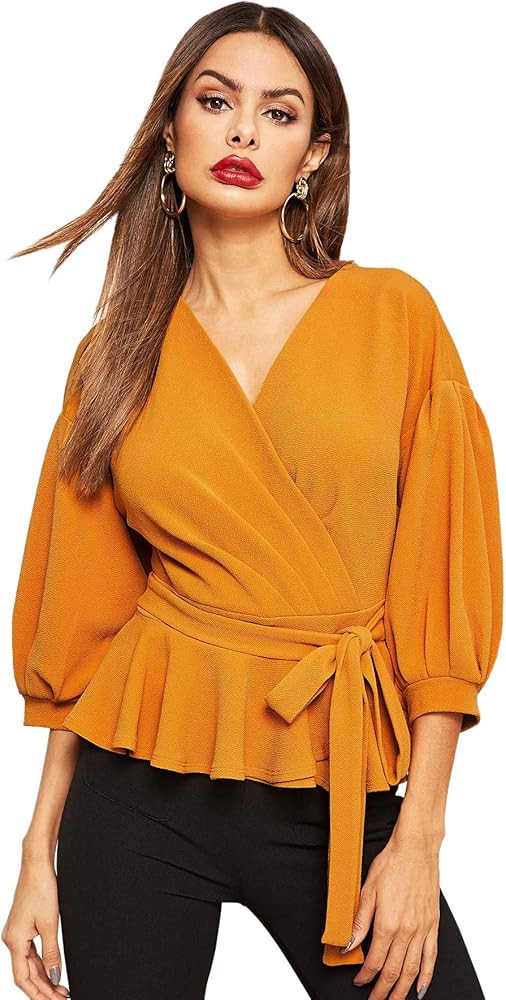 SheIn Women's Lantern 3/4 Sleeve V Neck Ruffle Blouse Tie Waist Wrap Peplum Top | Amazon (US)