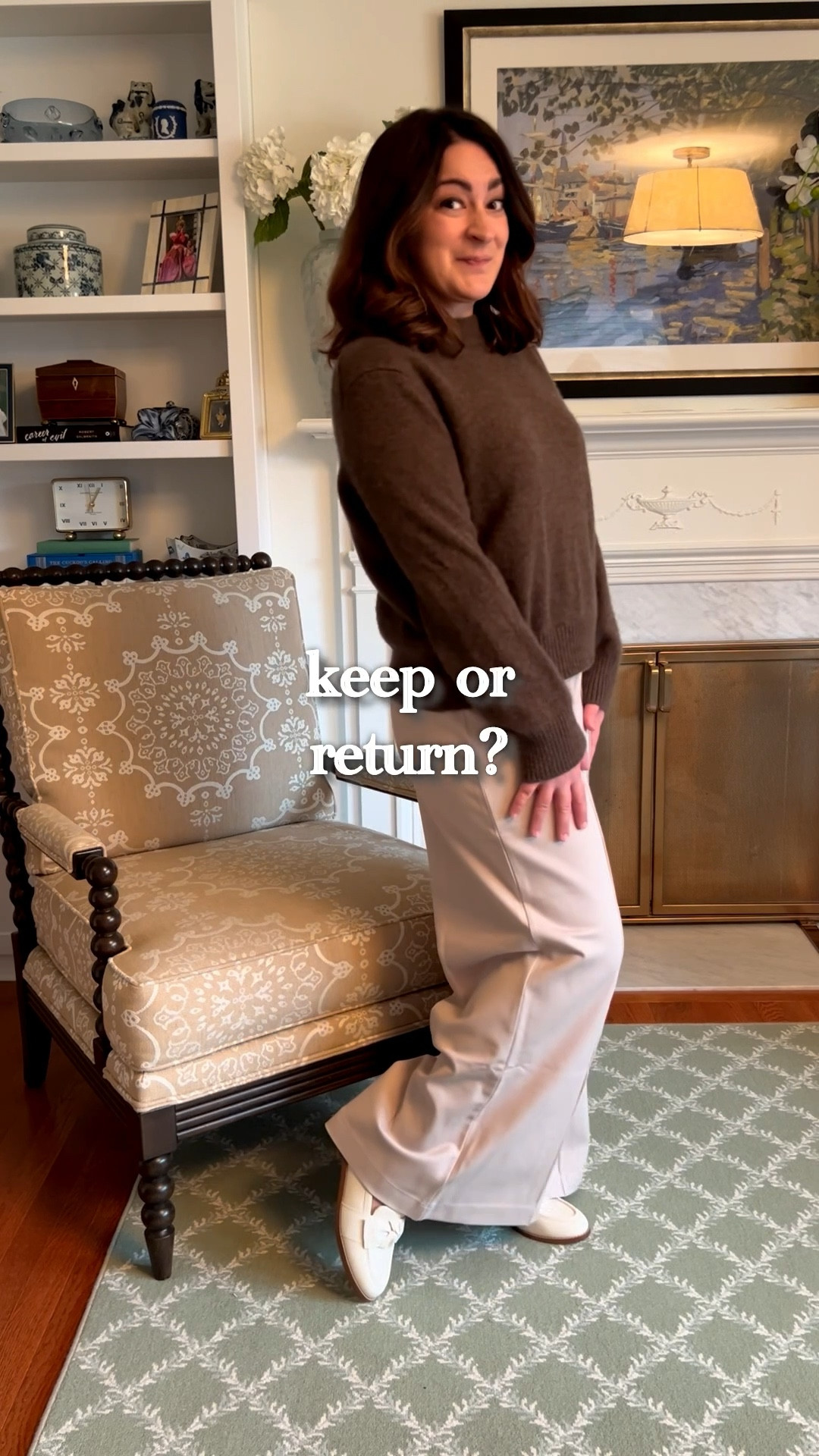 The pants have opinions. I have opinions. Quince cashmere + wide-leg white pants = a look. Keep or return? #quince #quincepants #quincefinds 

 #LTKPetite #LTKFindsUnder50