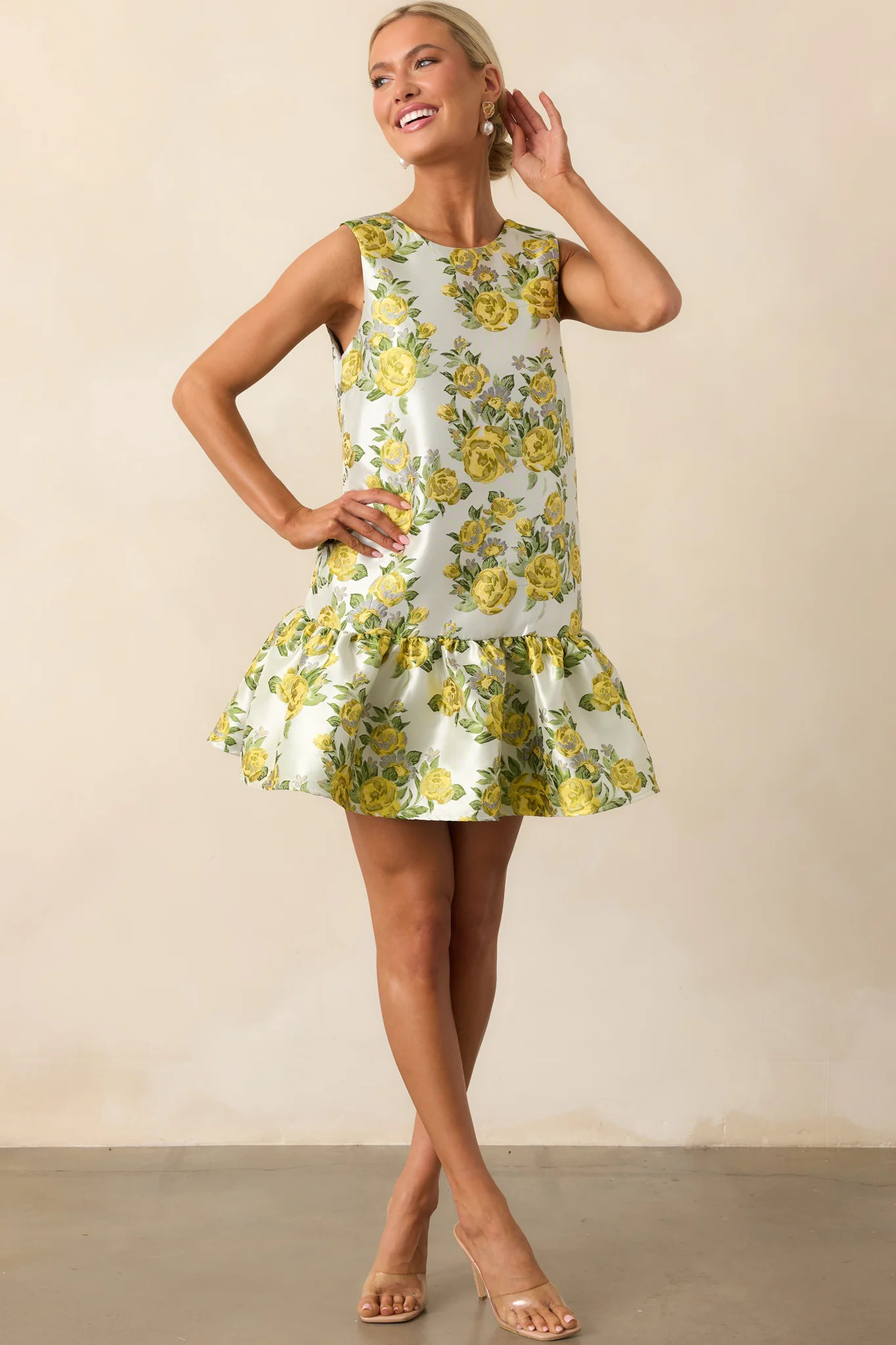 A Fresh Perspective Yellow Floral Jacquard Sleeveless Mini Dress | Red Dress
