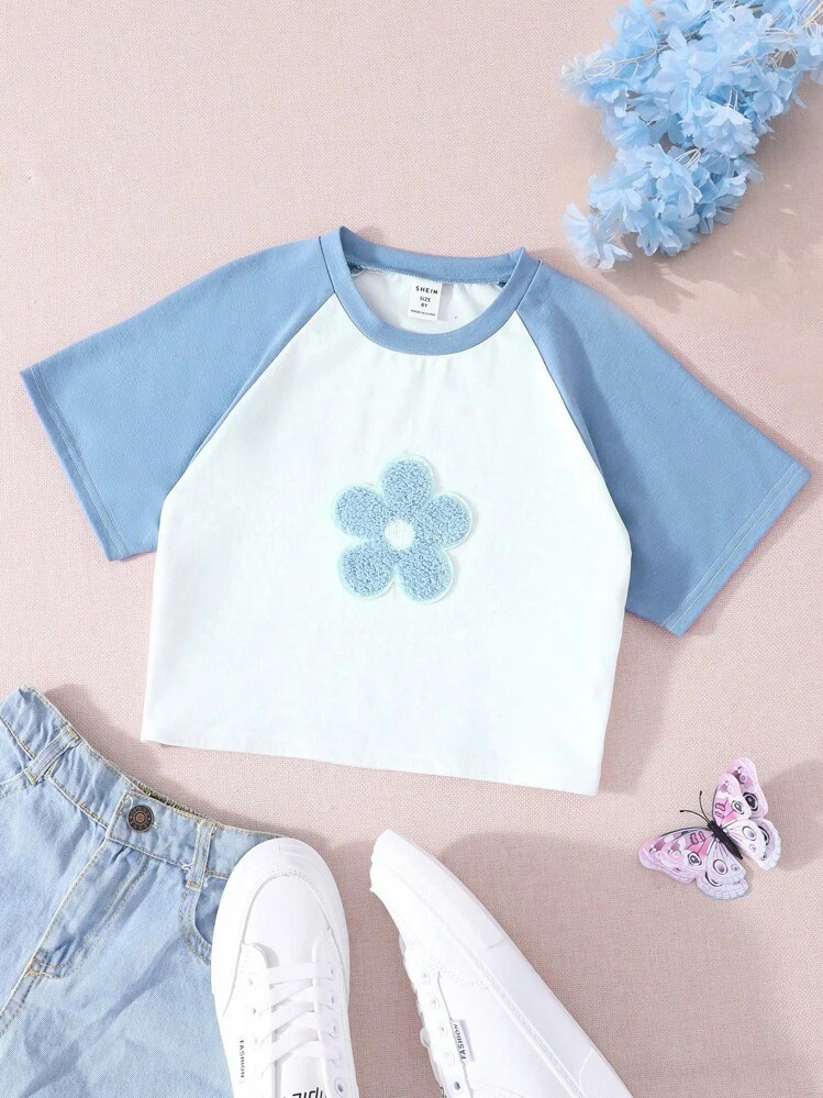 SHEIN Tween Girl Blue Printed Raglan Sleeve Short Sleeve T-Shirt | SHEIN