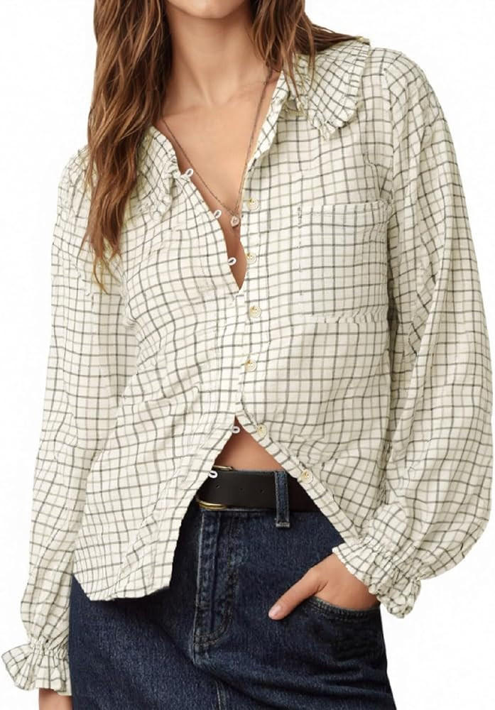 Tankaneo Womens Peter Pan Collar Button Down Shirts Long Sleeve Plaid Blouse Dressy Casual Fall T... | Amazon (US)