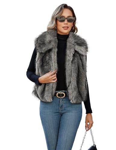 FIOPHY Womens Faux Fur Vest Lapel Collar Sleeveless Open Front Cardigan Top Fuzzy Coats Jacket Fluffy Outwear with Pockets Deep Beige M | Amazon (US)