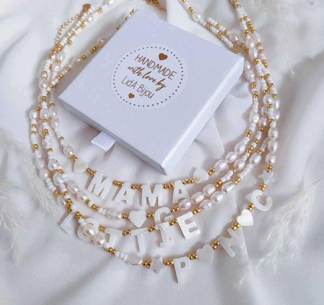 Mother of Pearl Personalized Name Necklaces, Freshwater Pearl Custom Beaded Choker, Personalized ... | Etsy (US)