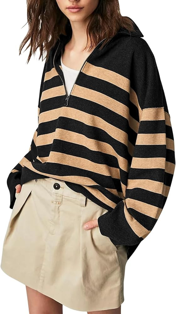 FMEYOA Women's Oversized Sweater 2023 Fall Long Sleeve Zip V Neck Collared Striped Ribbed Knit Si... | Amazon (US)