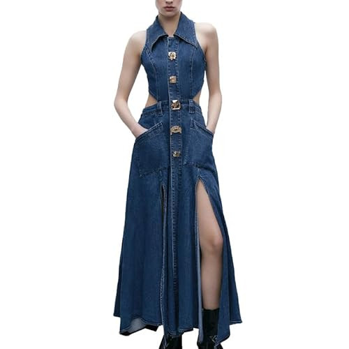 URBAN REVIVO Women's Casual Denim Dresses 2024 Fashion Lapel Sleeveless Cut-Out Sides Slit with Big Pockets Blue, X-Small | Amazon (US)