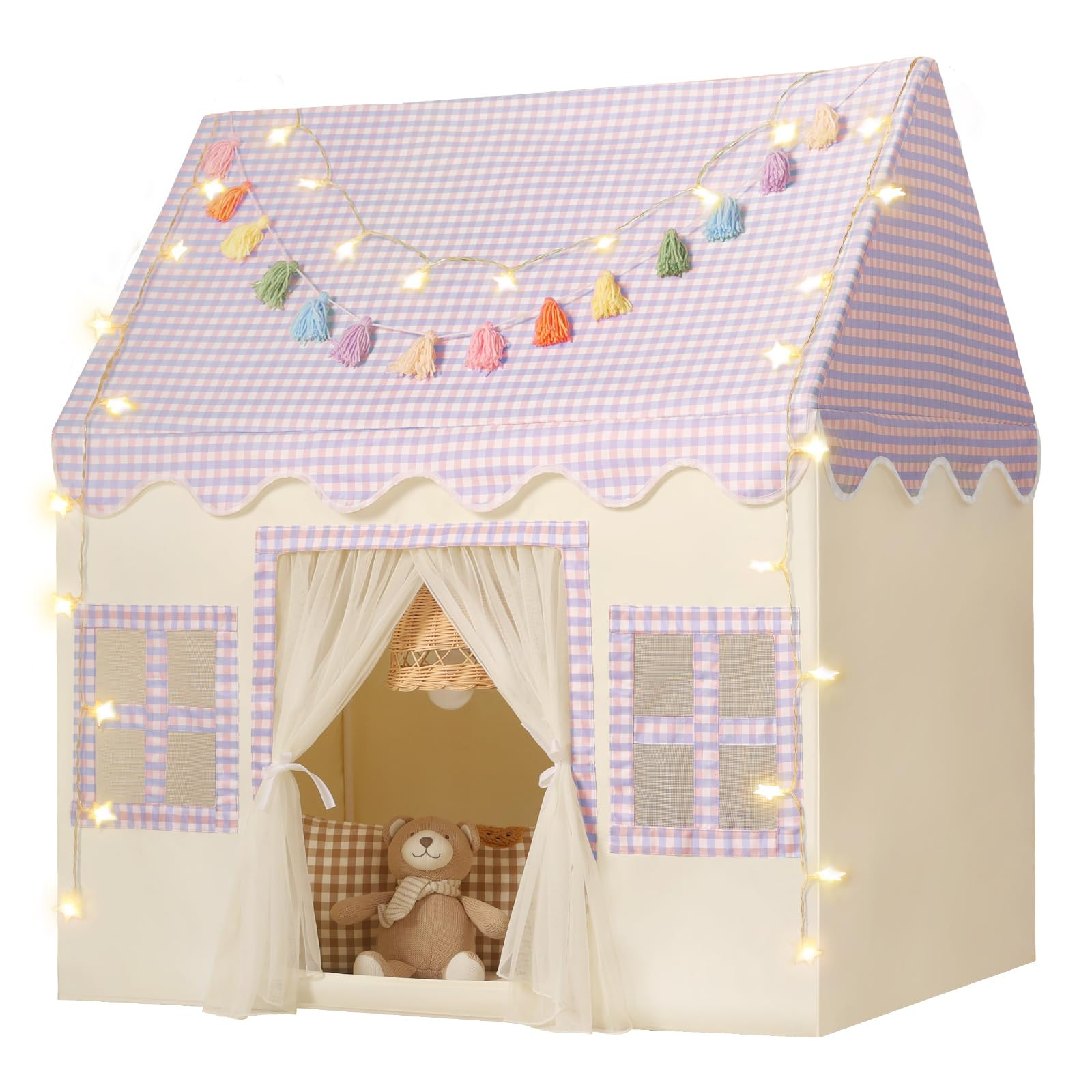 Kids Play Tent Indoor: Mat, Tassel Garland, Star Lights - Purple Checkered Girls Tent Playhouse f... | Amazon (US)