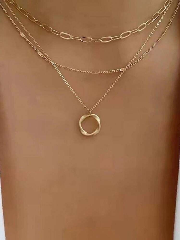 One Three-Layer Thick Chain Exaggerated Choker Necklace With Circular Pendant For Fashionable Wom... | SHEIN