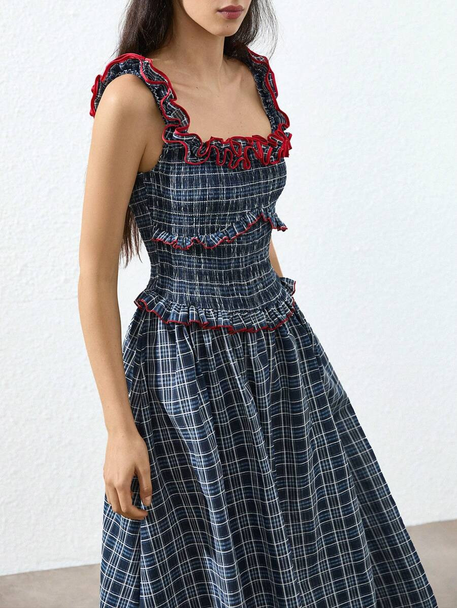 Aveloria GENKIRA Vintage French Frill Collar Shirred Waist Tiered Flare Hem Contrast Color Maxi A... | SHEIN