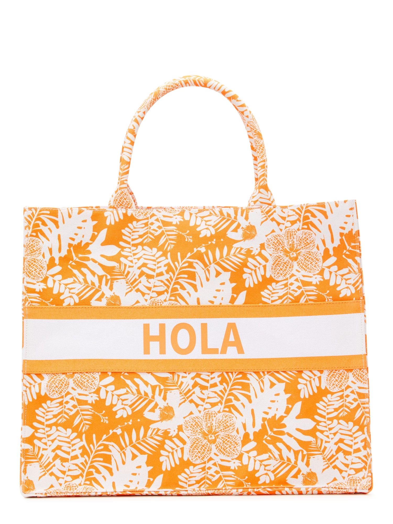 No Boundaries Women's Hola Canvas Print Beach Tote Handbag, Orange Sherbet | Walmart (US)