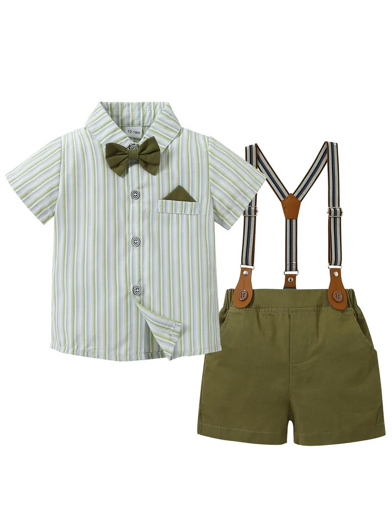 CARETOO Toddler Boy Clothes 1-5T Suit Plaid Shirt Suspender Pants Tie Toddler Cotton Fabric Outfi... | Walmart (US)