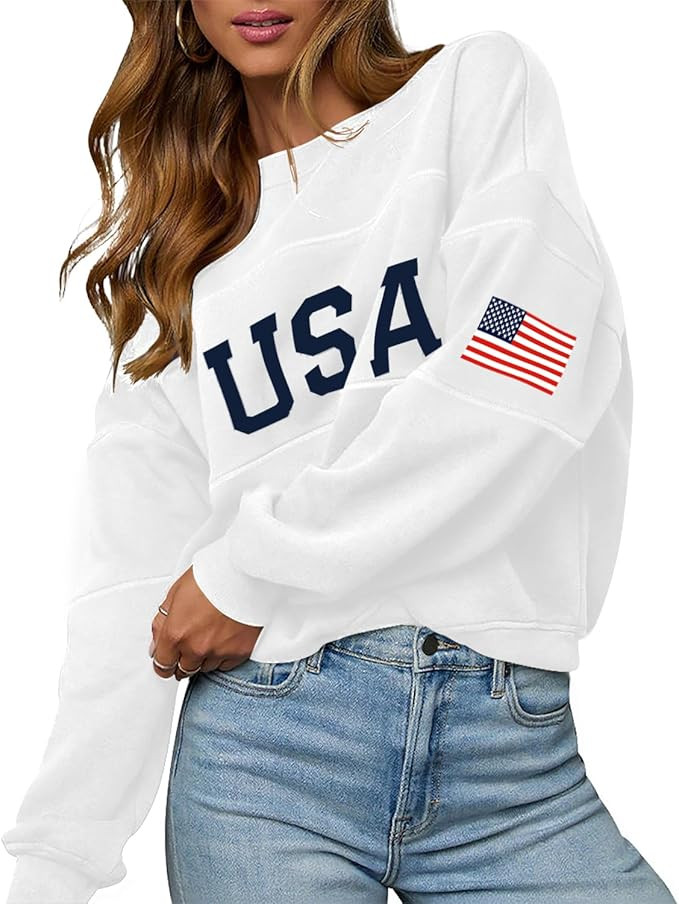 Women Oversized USA Sweatshirt Crewneck American Flag Sweater Long Sleeve 4th of july T shirts Lo... | Amazon (US)