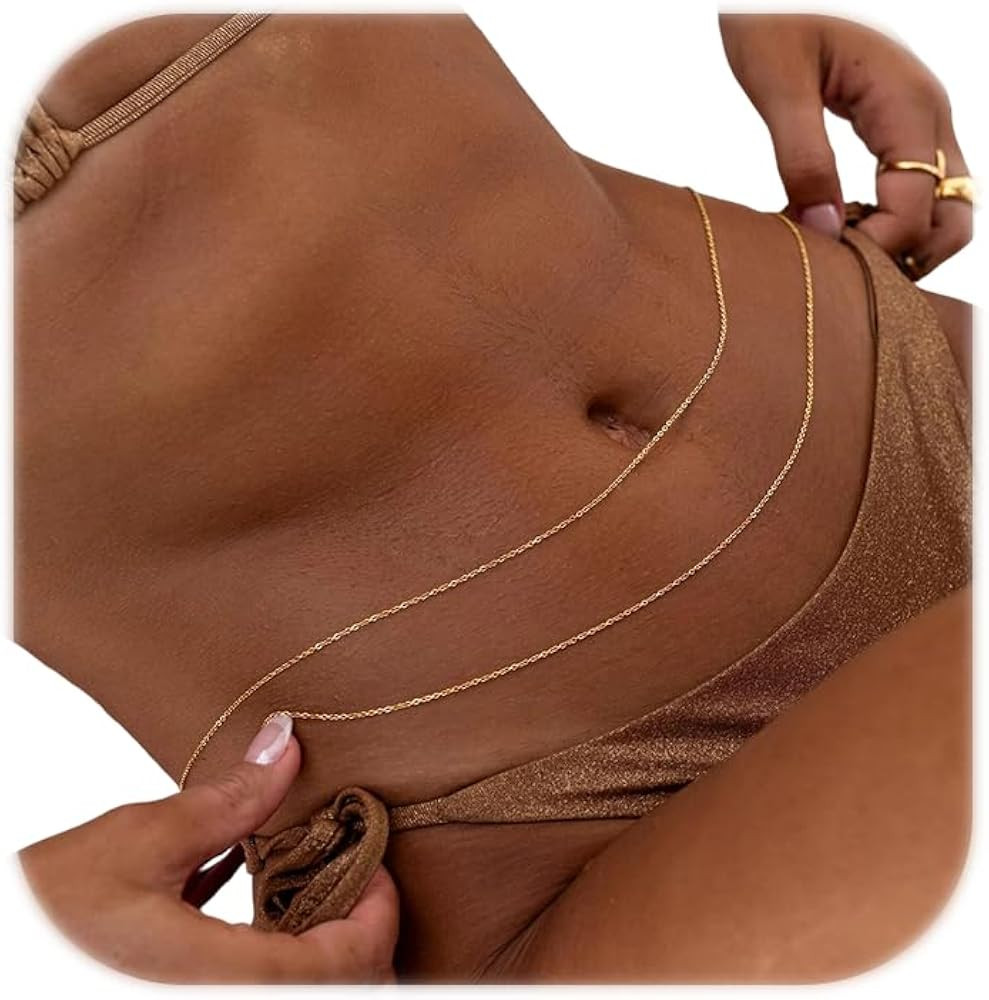 Gold Body Chain for Waist 2Pcs 14K Gold Plated Sexy Belly Chains for Women Beads Cuban Waist Chai... | Amazon (US)