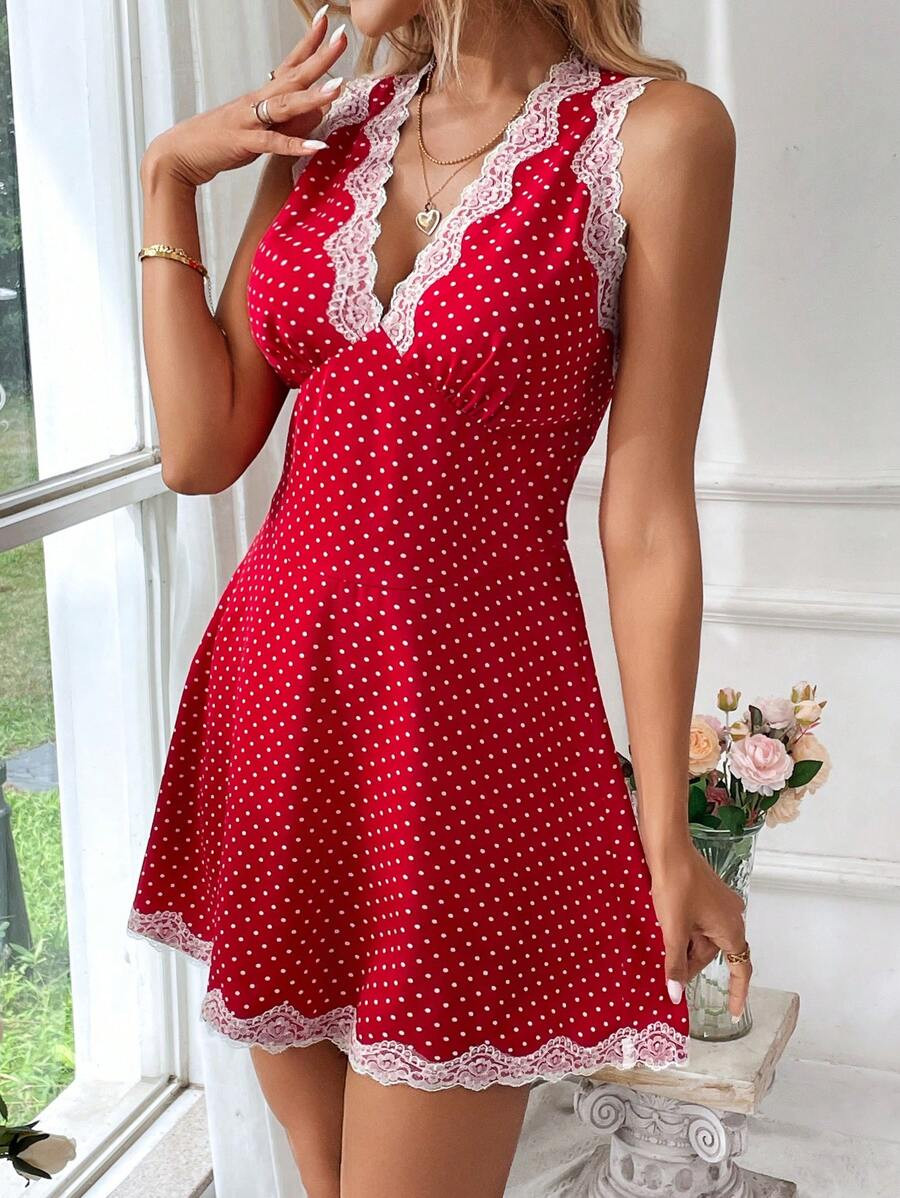 SHEIN LUNE New Spring Valentine's Day Red Polka Dot Lace Trim V-Neck Mini Dress With Butterfly Kn... | SHEIN