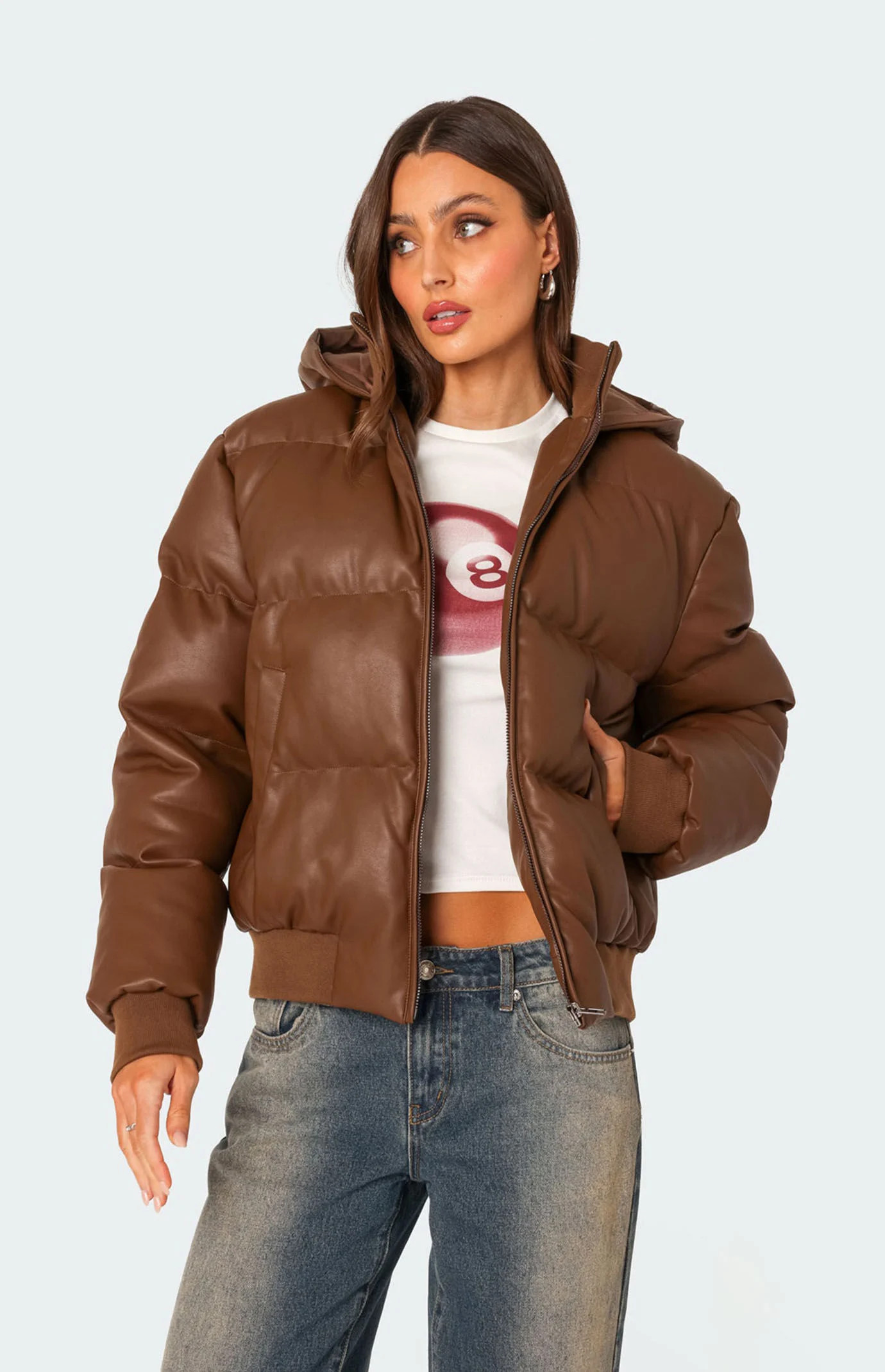Edikted Women's Wintry Faux Leather Hooded Puffer Jacket in Brown - Size Small | PacSun