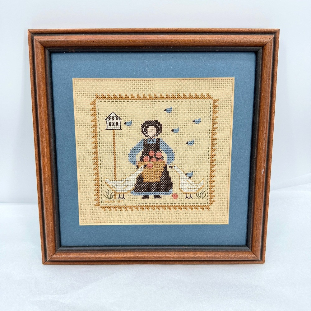 Framed Cross Stitch Country Woman Geese Farmhouse Rustic Wall Decor | Poshmark