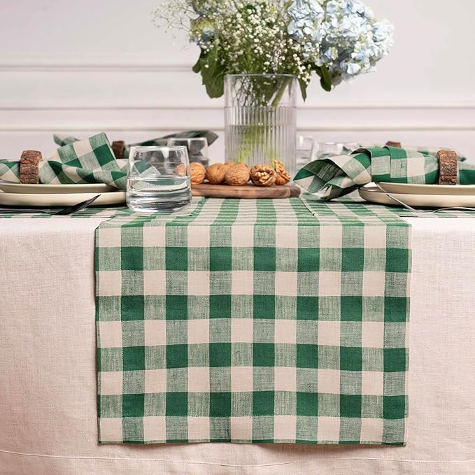 Solino Home Linen Buffalo Check Table Runner 90 inches Long – 100% Pure Linen Green and Natural... | Amazon (US)