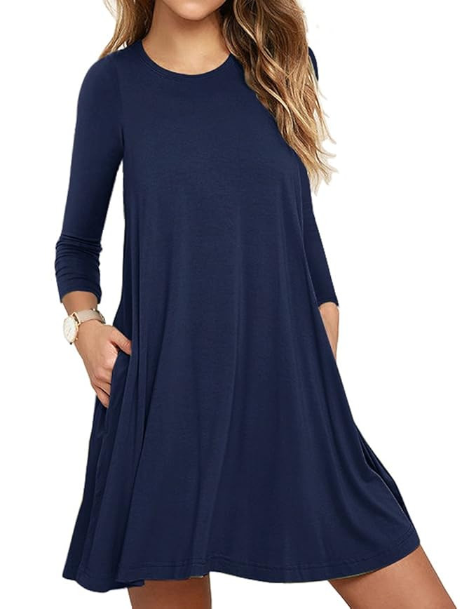 Muhadrs Women's Long Sleeve/Sleeveless Casual Loose Swing T-Shirt Dress (XXL, 07 Navy Blue) | Amazon (US)