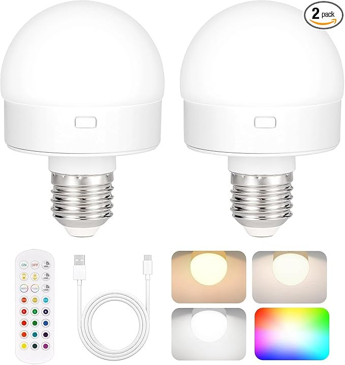 Rechargeable Battery Operated Light Bulb with Remote Control 2 Packs, 350LM Dimmable Detachable L... | Amazon (US)