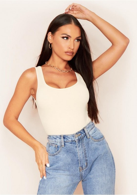 Lia Cream Scoop Neck Plunge Bodysuit | Missy Empire (UK)