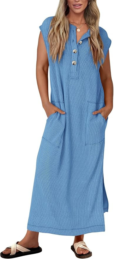 KIRUNDO Womens Summer Dresses 2026 Spring Ribbed Knit Henley Short Sleeve Maxi Dress Button Up Lo... | Amazon (US)