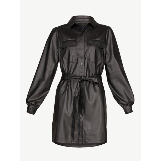 Scoop Women's Faux Leather Belted Shirt Dress - Walmart.com | Walmart (US)