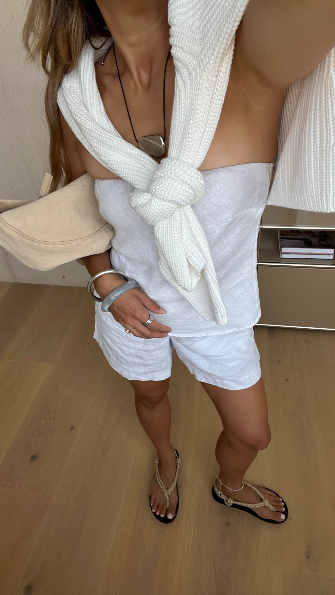 Wearing xs in top & bottoms, for crewneck, go up 2 sizes! Its a true to size sweater @onequince #quincepartner