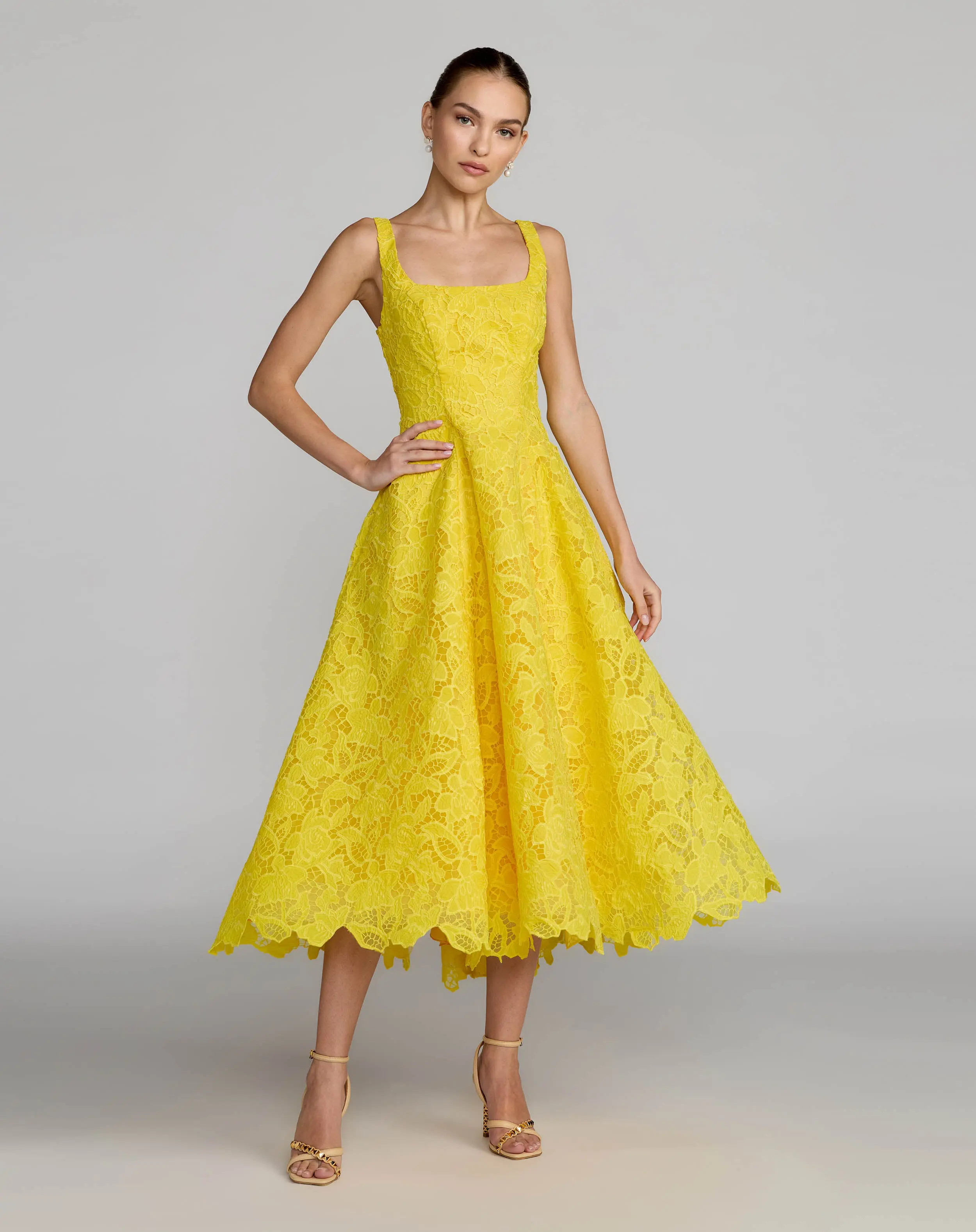 Yellow Lace Square Neck A-Line Midi Dress | Mac Duggal | Mac Duggal