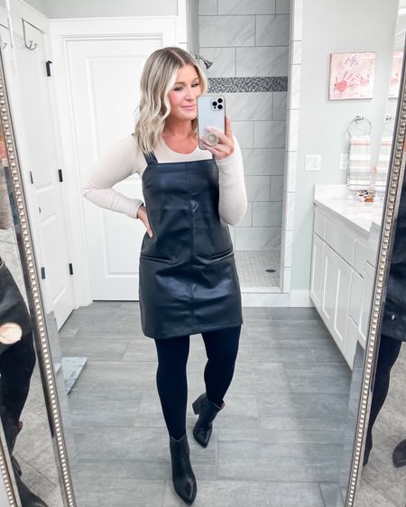 Fall outfit idea. So cute for a girls night out or date night. Love this dress paired with tights. So cute and sassy. The faux leather is perfect for fall and winter.

Wearing my true size small 

#LTKfindsunder100 #LTKSeasonal #LTKstyletip