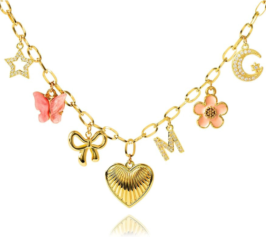 Initial Charm Necklace for Women, Heart Letter Necklace Gold Charms Pendant Bow Pink Butterfly Fl... | Amazon (US)