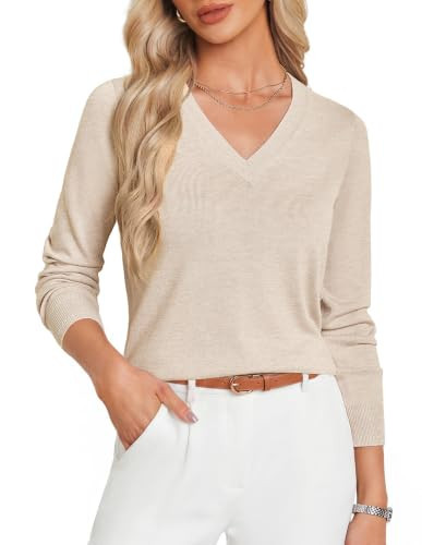GRACE KARIN V Neck Light Beige Sweaters for Women Summer Knitted Tops Fall Fashion Clothing Cashmere Sweaters XL | Amazon (US)