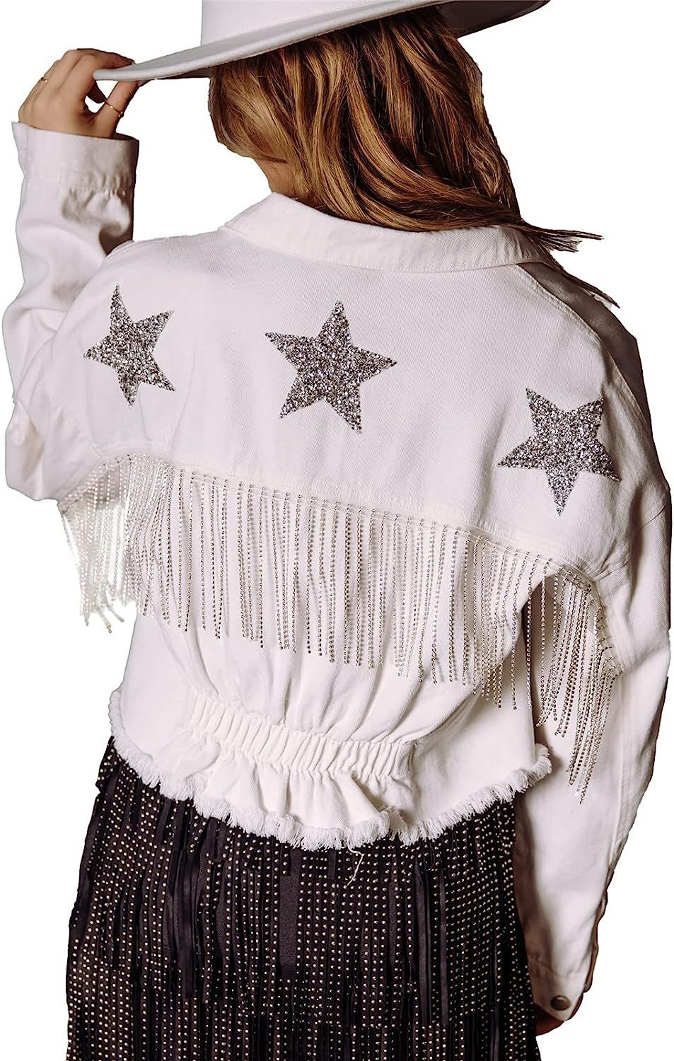 Womens Cropped Rhinestone Fringe Denim Jacket Long Sleeve Ripped Tassel Jean Coat | Amazon (US)