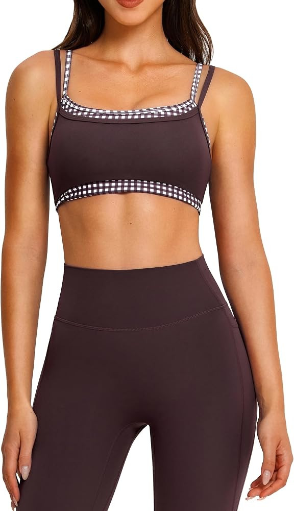 OMKAGI Layered Womens Workout Sets Strappy Sports Bra Leggings Gym Outfits | Amazon (US)